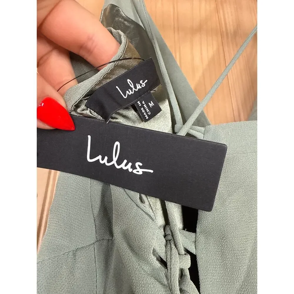 NWT Lulus Romantically Speaking Sage Green Cowl Lace-Up Maxi Dress Bridesmaid M